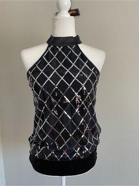 Studio Y Black Sequin Halter Top with Silver Lattice